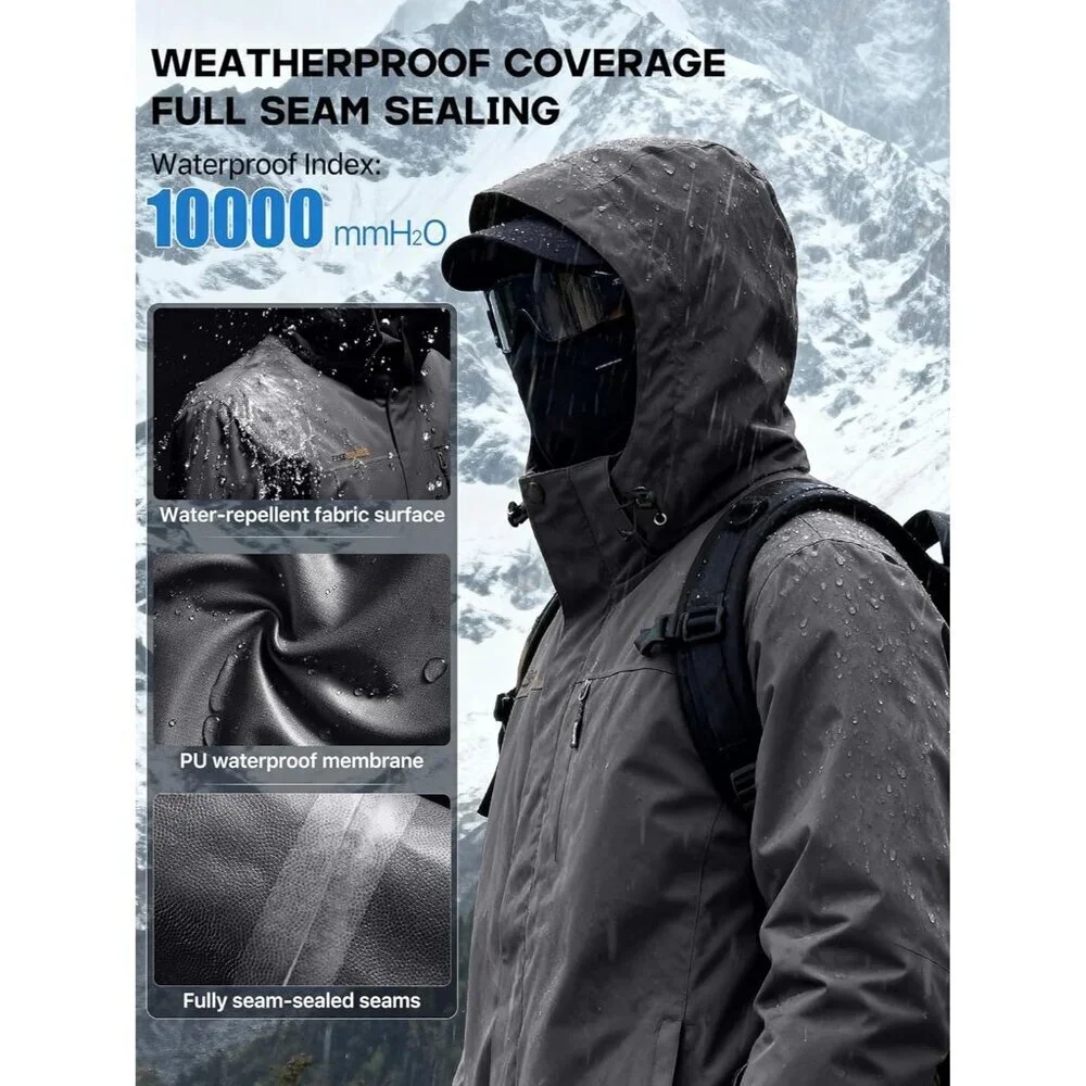 Men's Charcoal Gray Waterproof Ski Snow Fleece Lined Warm Winter Rain Jacket